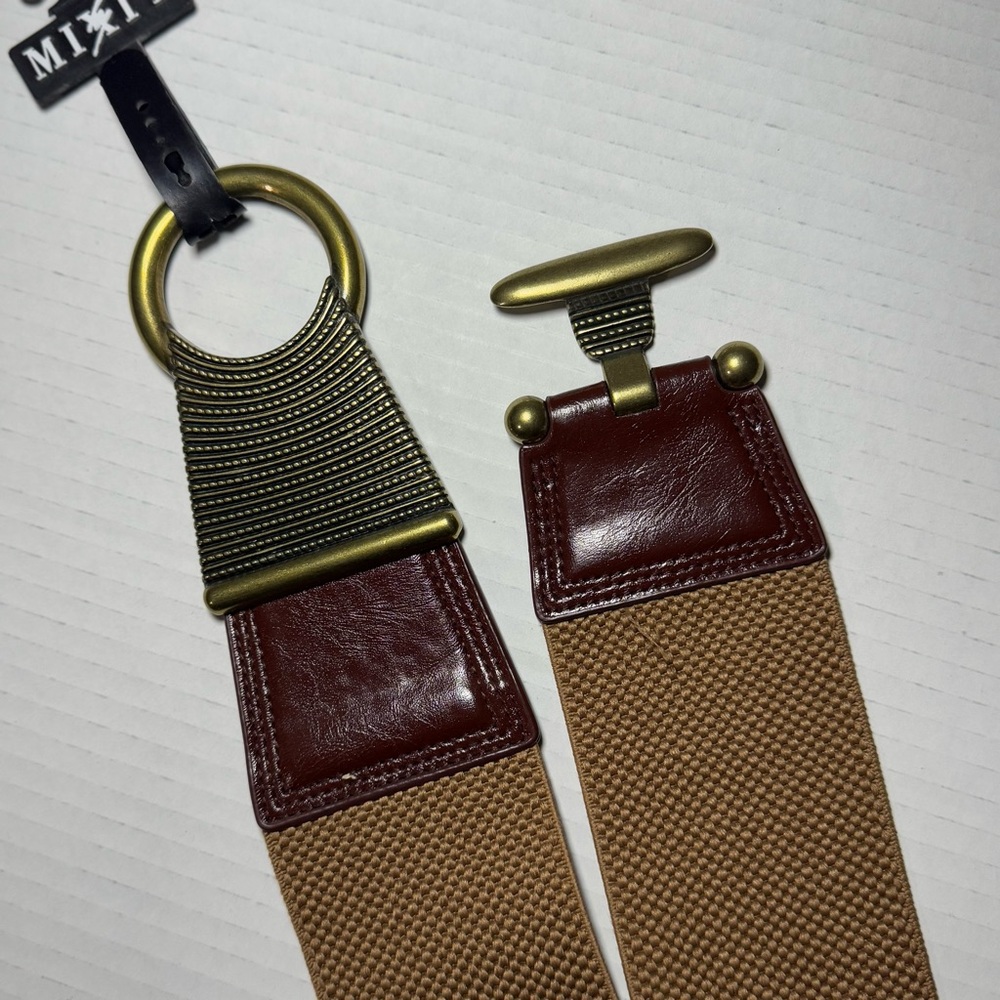 Mix It Brown Elastic‎ Belt S/M Ring Buckle Stretch Cinch Waist 34” Vintage Style